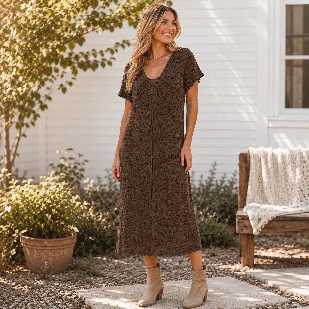 Universal Thread Brown Crochet Midi Dress Womens Medium NWT Cotton Pointelle